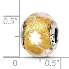 Sterling Silver Murano Bead with Polished Gold and White Flower Design