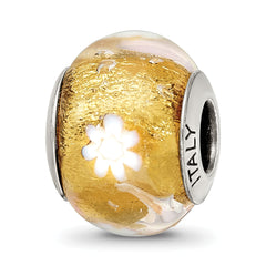 Sterling Silver Murano Bead with Polished Gold and White Flower Design