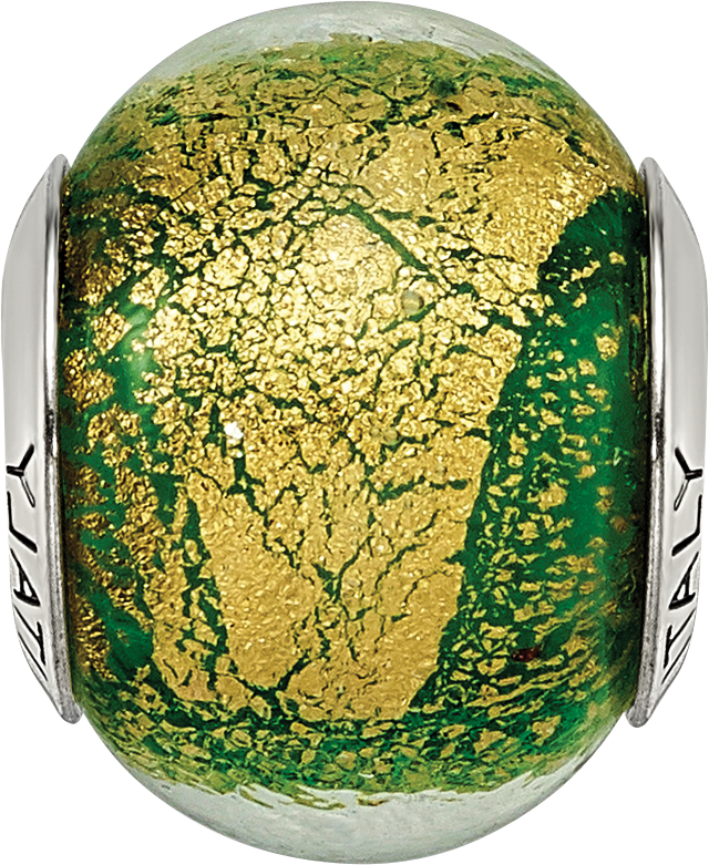 Sterling Silver Reflections Green/Gold Italian Murano Bead