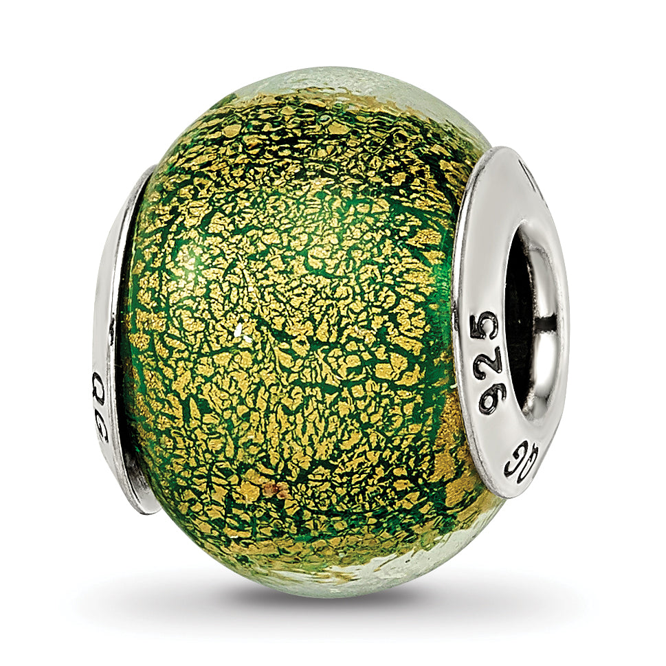 Sterling Silver Reflections Green/Gold Italian Murano Bead