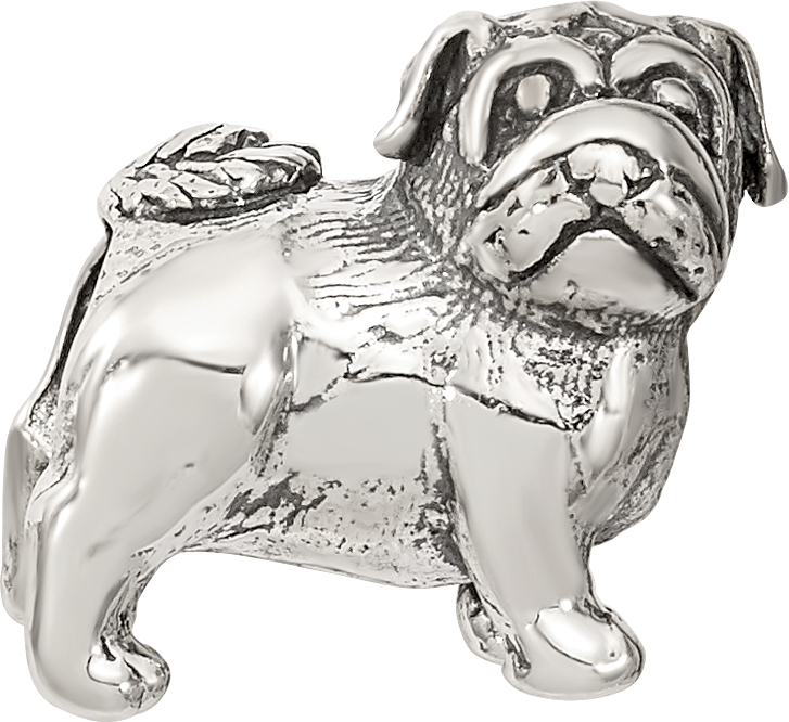 Sterling Silver 925 Pug Bead with Antiqued Finish Solid Cast Design