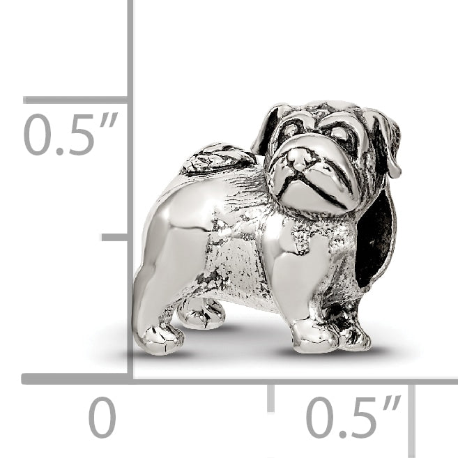 Sterling Silver 925 Pug Bead with Antiqued Finish Solid Cast Design