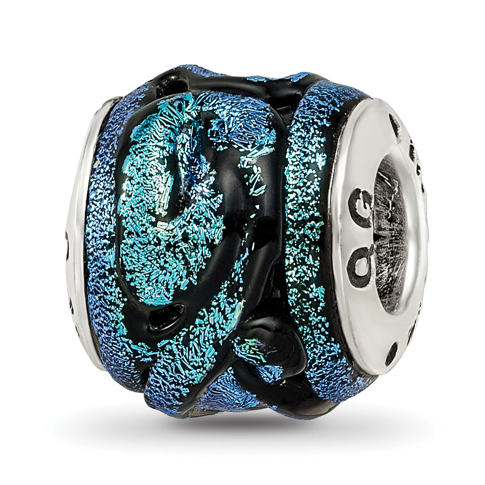 Blue Dichroic Glass Bead Charm in Sterling Silver