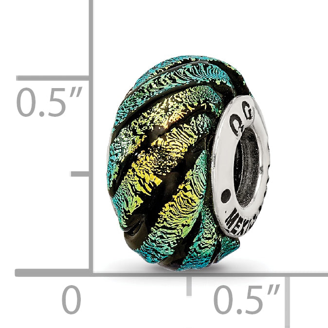 Green Swirl Dichroic Glass Bead Charm in Sterling Silver