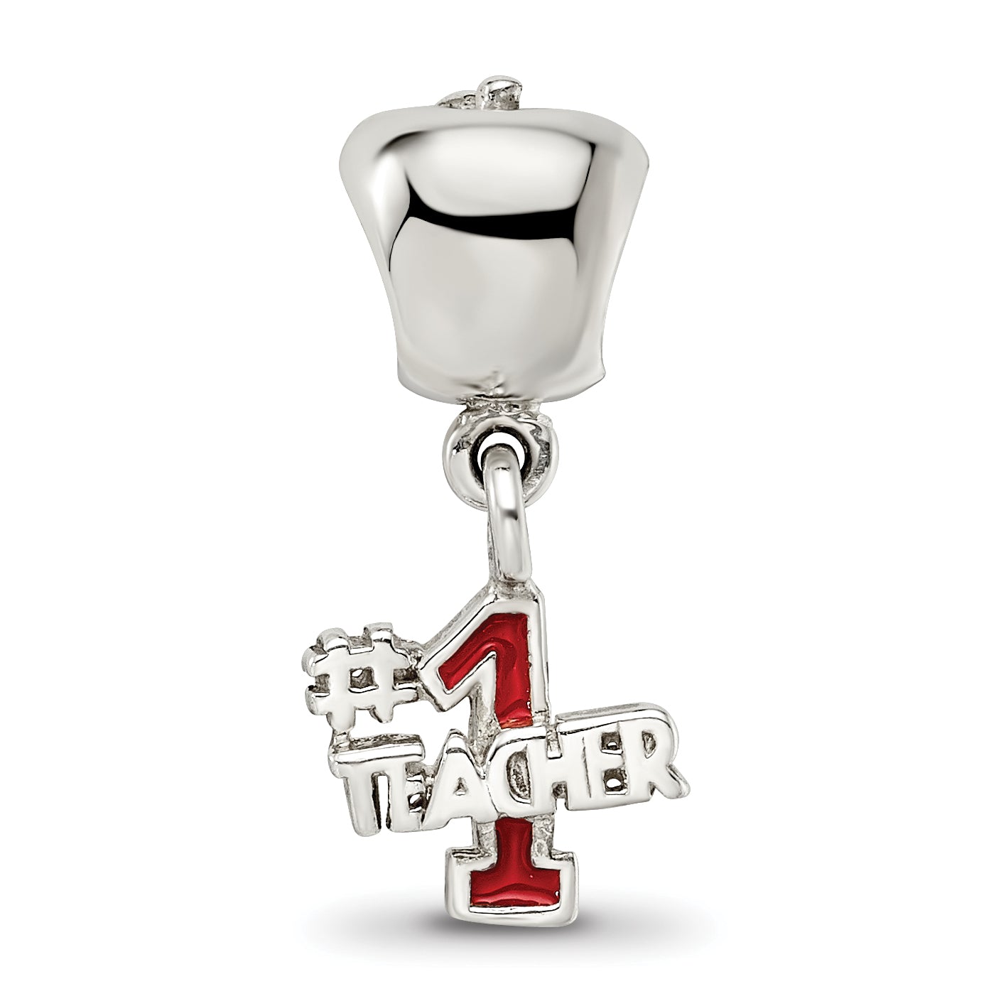 Sterling Silver #1 Teacher Apple Dangle Bead with Enameled Finish