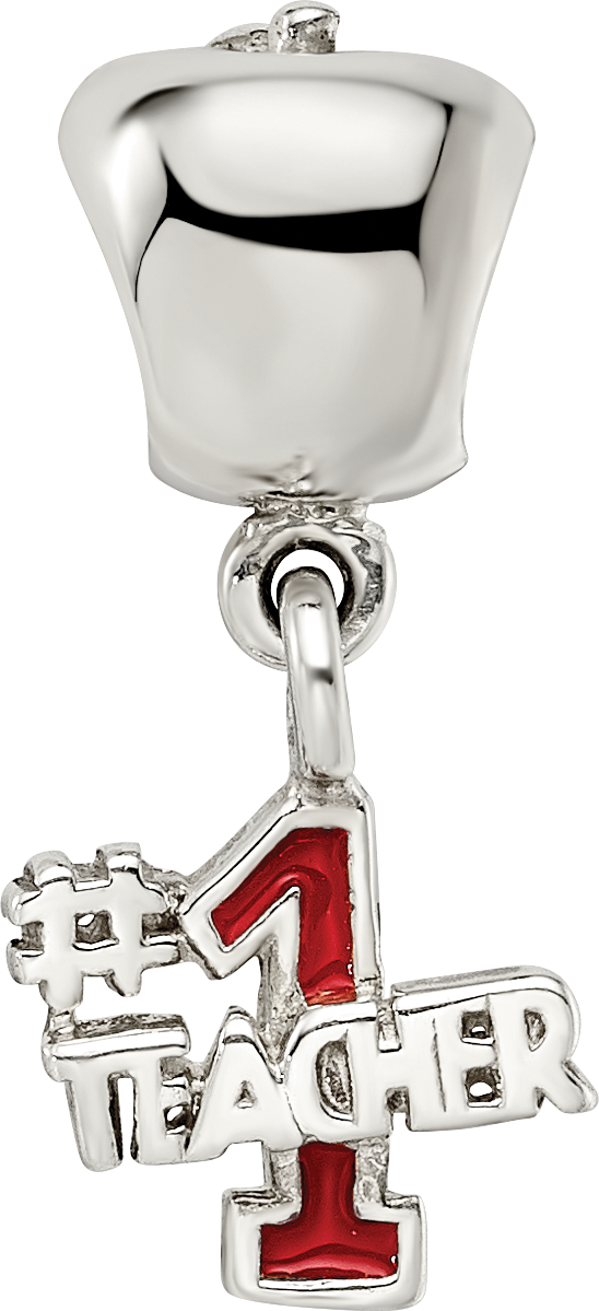 Sterling Silver #1 Teacher Apple Dangle Bead with Enameled Finish