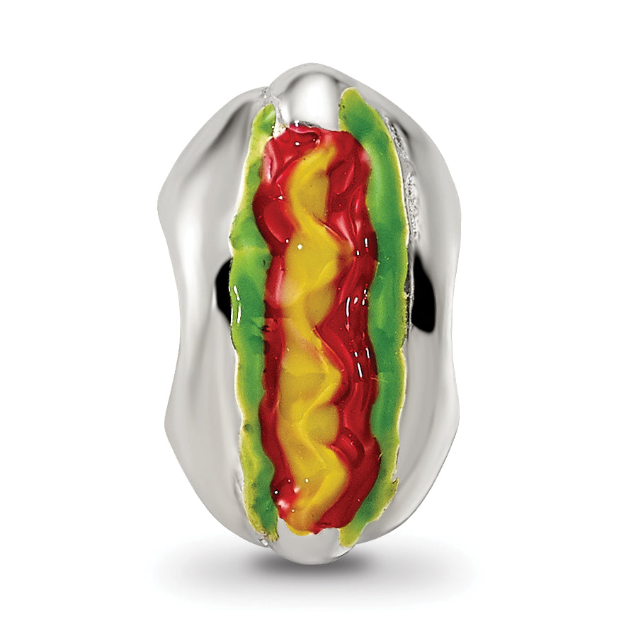 Sterling Silver 925 Enameled Hot Dog Bead with Antiqued Finish Fun Themed Design