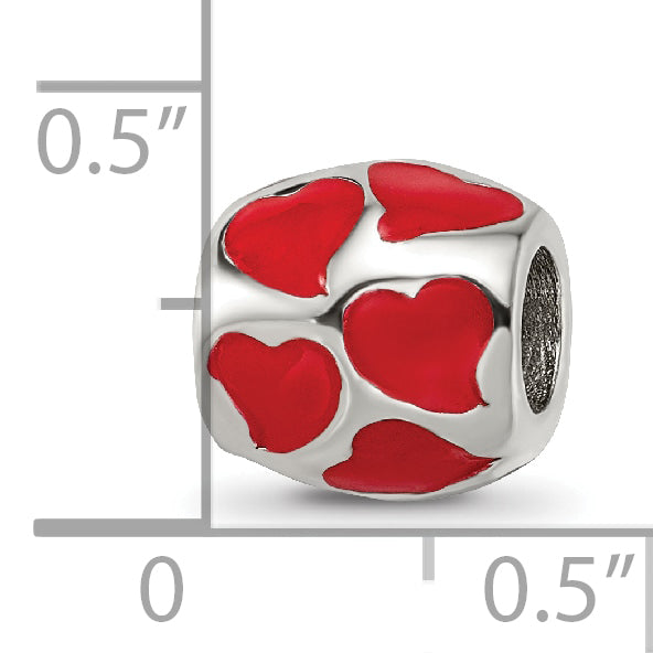 Sterling Silver 925 Red Enameled Hearts Bead with Antiqued Finish
