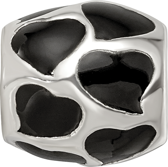Sterling Silver 925 Bead with Black Enameled Hearts Antiqued Finish