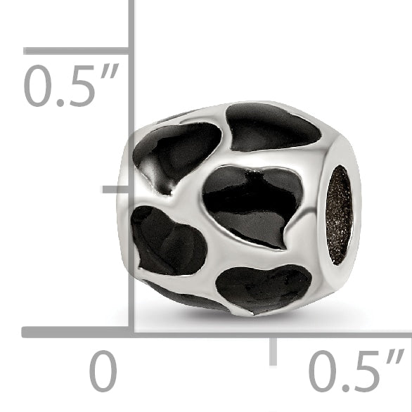 Sterling Silver 925 Bead with Black Enameled Hearts Antiqued Finish
