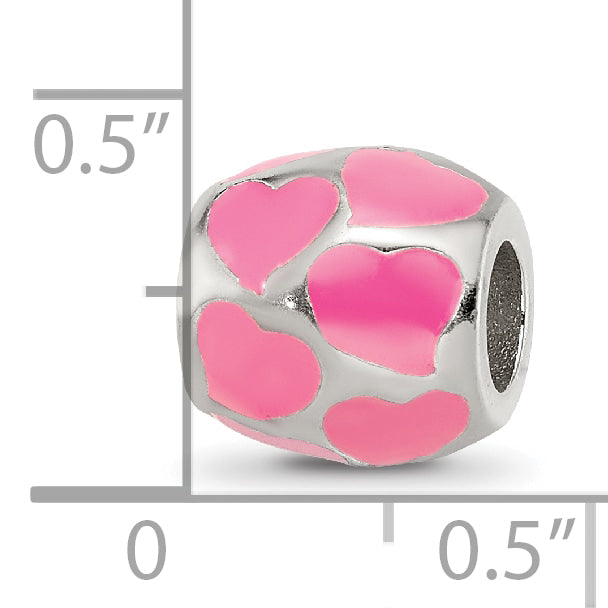 Sterling Silver 925 Pink Enameled Hearts Bead with Antiqued Finish