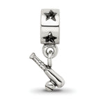 Sterling Silver 925 Baseball Bat & Ball Dangle Bead with Antiqued Finish