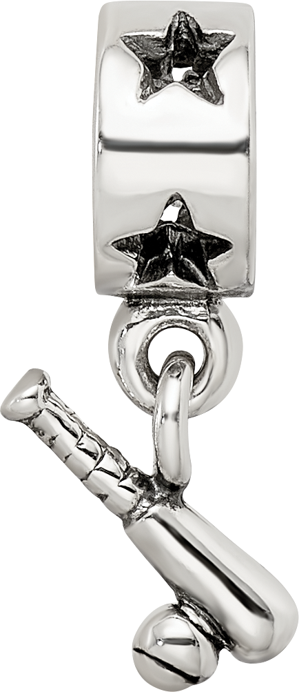 Sterling Silver 925 Baseball Bat & Ball Dangle Bead with Antiqued Finish