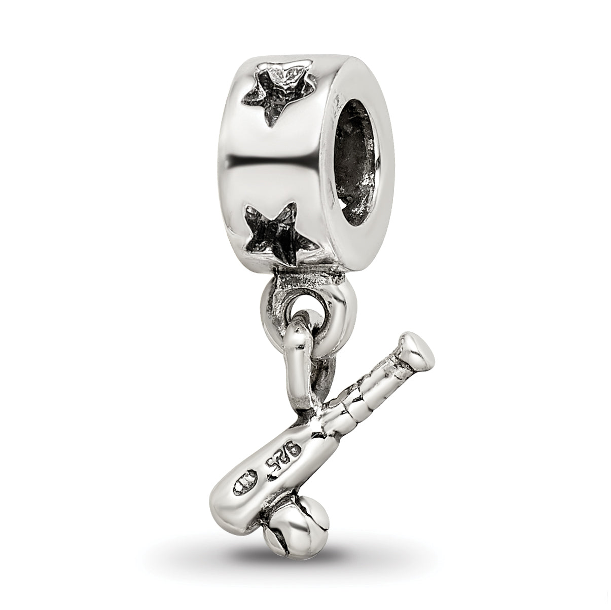 Sterling Silver 925 Baseball Bat & Ball Dangle Bead with Antiqued Finish