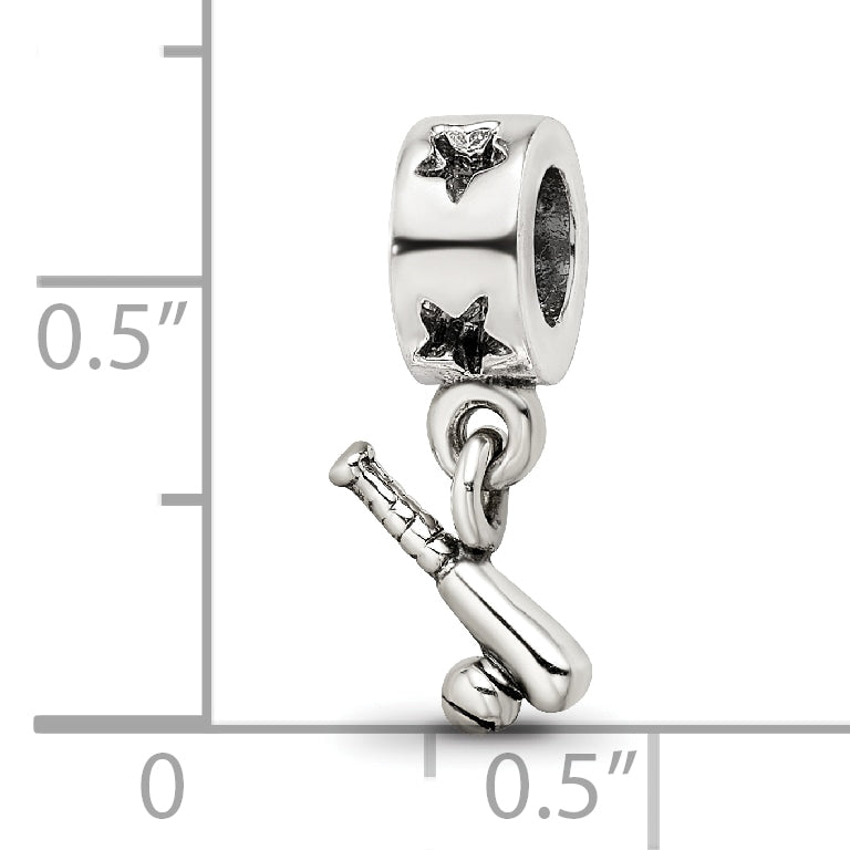 Sterling Silver 925 Baseball Bat & Ball Dangle Bead with Antiqued Finish