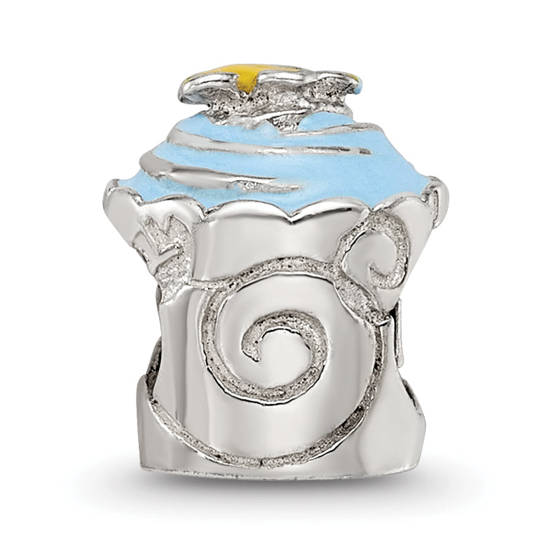Sterling Silver 925 Cupcake Bead with Blue Enamel and Antiqued Finish