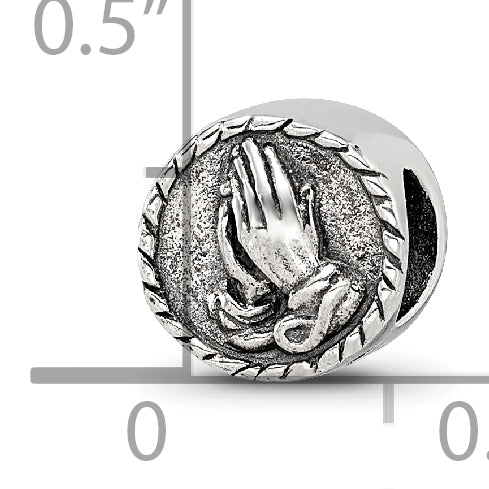 Sterling Silver 925 Praying Hands Bead with Antiqued Finish Solid Themed Design