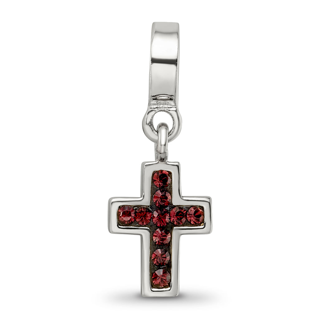 Sterling Silver 925 Antiqued Cross Dangle Bead with Red Crystal Charm