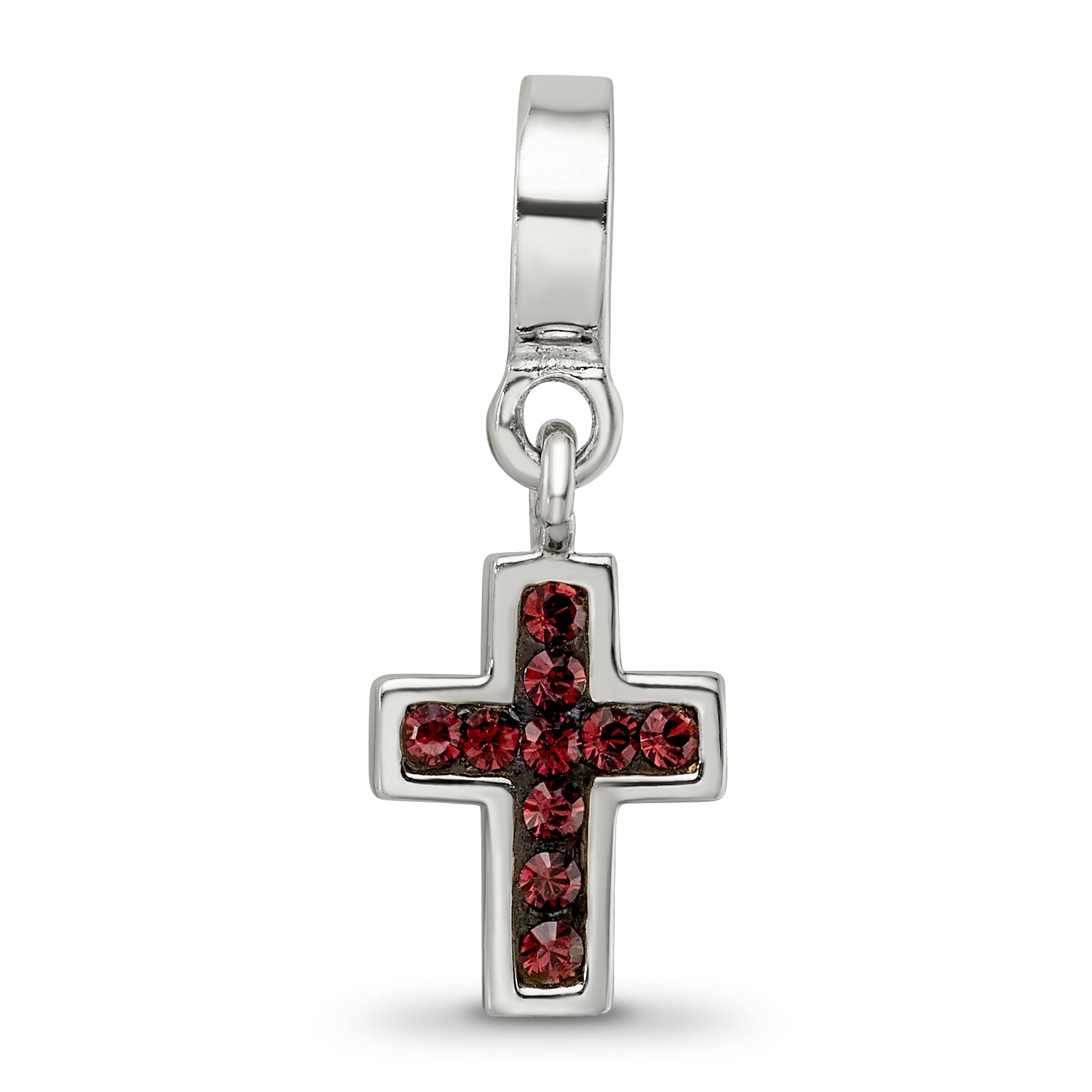 Sterling Silver 925 Antiqued Cross Dangle Bead with Red Crystal Charm