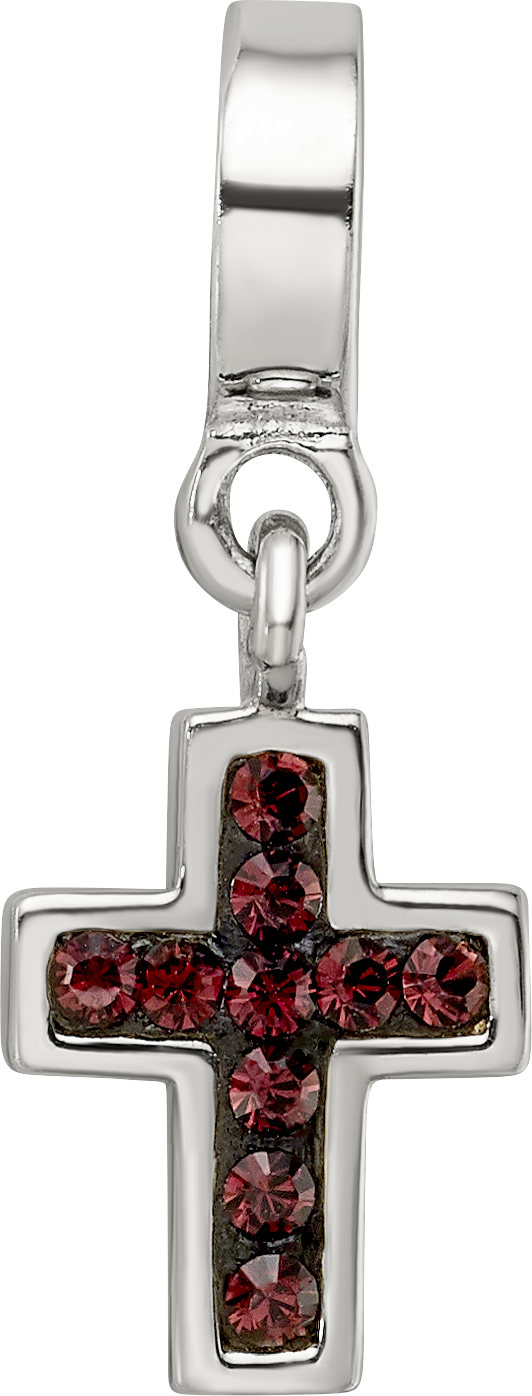 Sterling Silver 925 Antiqued Cross Dangle Bead with Red Crystal Charm
