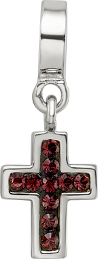 Sterling Silver 925 Antiqued Cross Dangle Bead with Red Crystal Charm