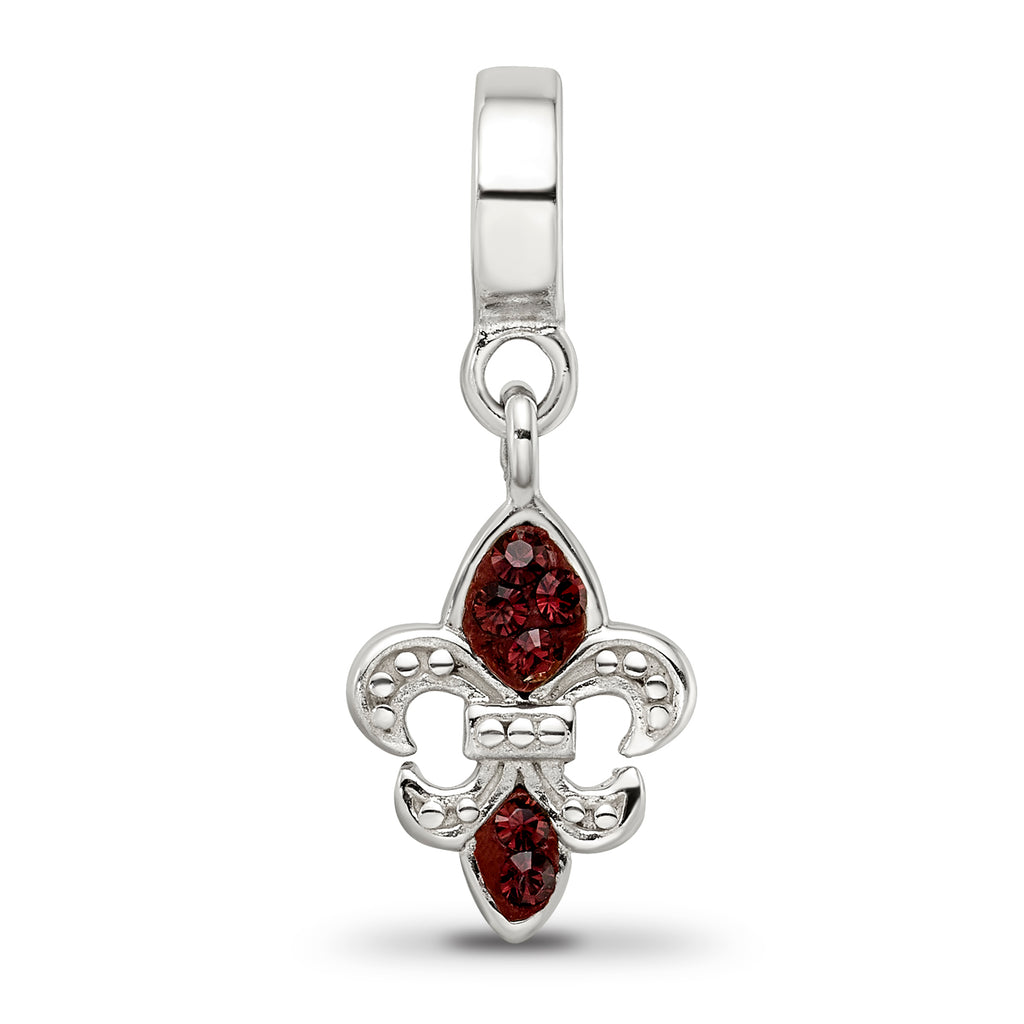 Sterling Silver 925 Fleur De Lis Dangle Bead with Red Crystal Antique Finish