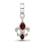 Sterling Silver 925 Fleur De Lis Dangle Bead with Red Crystal Antique Finish