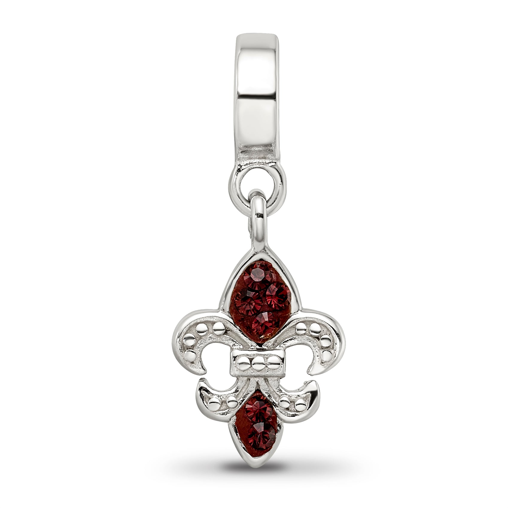 Sterling Silver 925 Fleur De Lis Dangle Bead with Red Crystal Antique Finish