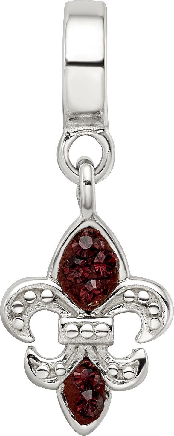Sterling Silver 925 Fleur De Lis Dangle Bead with Red Crystal Antique Finish