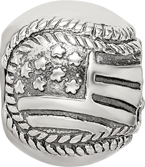 Sterling Silver USA Flag Baseball Bead with Antiqued Finish Solid