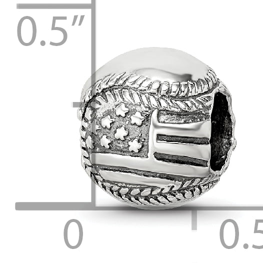 Sterling Silver USA Flag Baseball Bead with Antiqued Finish Solid