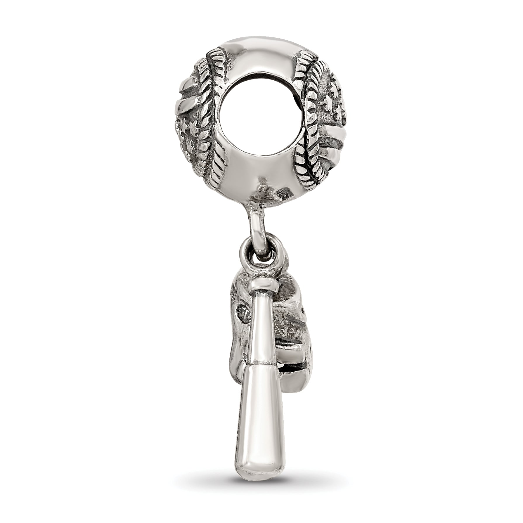 Sterling Silver 925 Baseball Glove & Bat Dangle Bead with Antiqued Finish