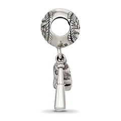 Sterling Silver 925 Baseball Glove & Bat Dangle Bead with Antiqued Finish