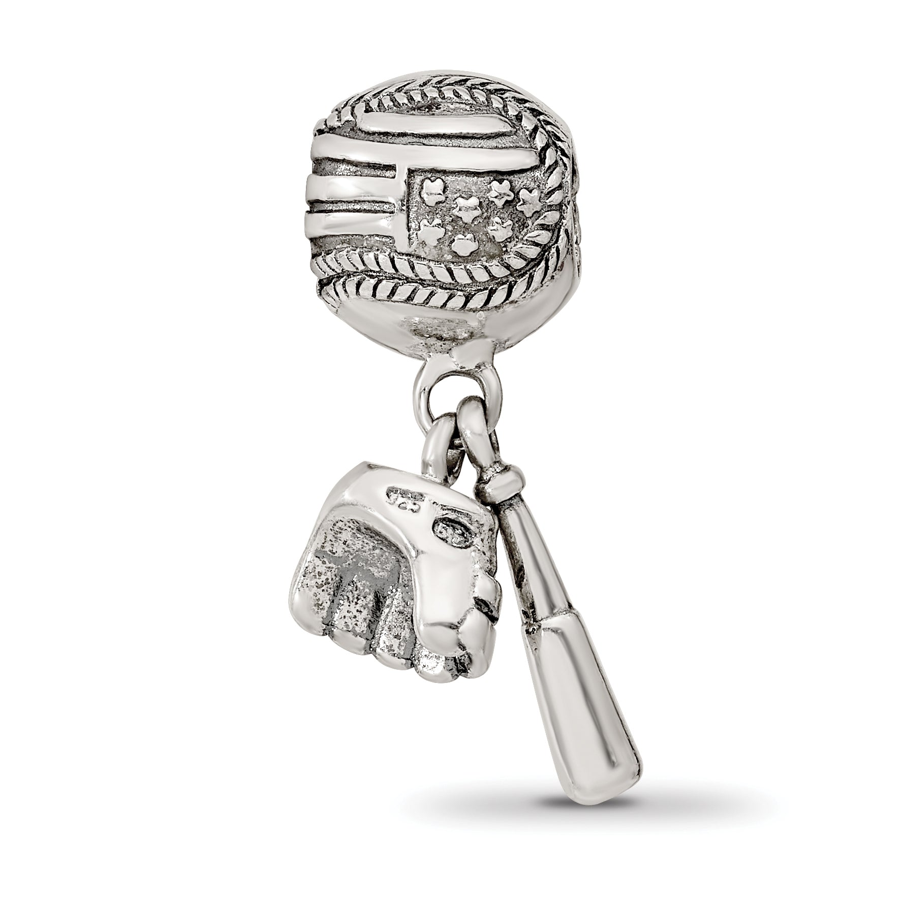 Sterling Silver 925 Baseball Glove & Bat Dangle Bead with Antiqued Finish