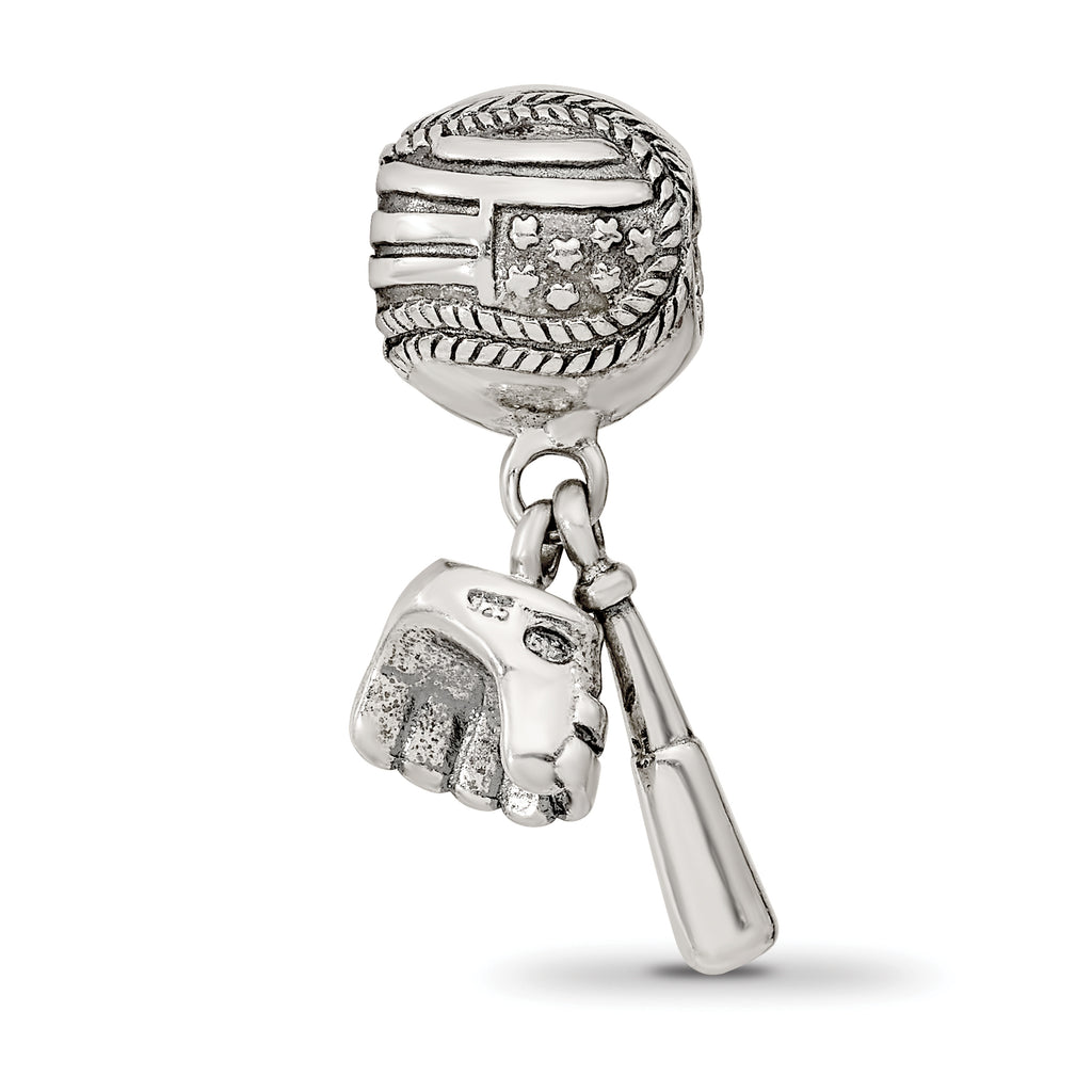 Sterling Silver 925 Baseball Glove & Bat Dangle Bead with Antiqued Finish