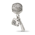 Sterling Silver 925 Baseball Glove & Bat Dangle Bead with Antiqued Finish