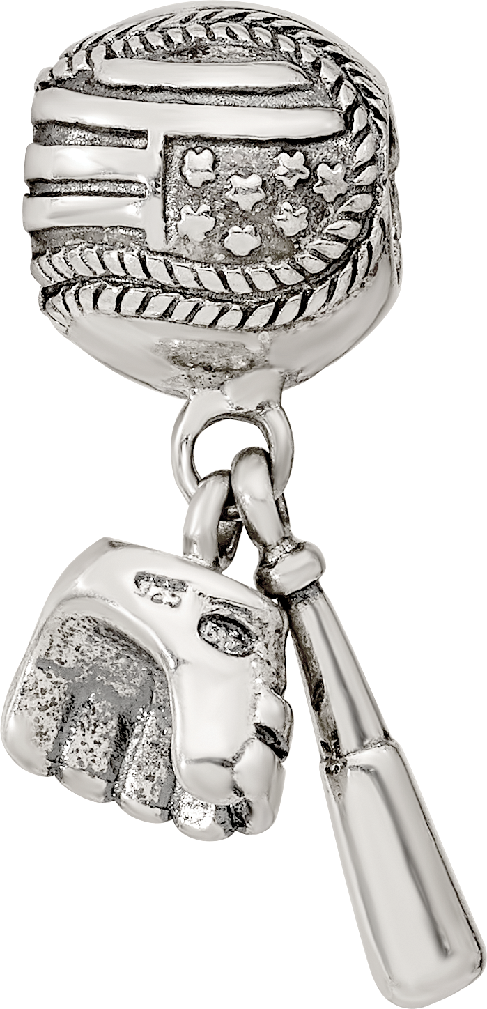 Sterling Silver 925 Baseball Glove & Bat Dangle Bead with Antiqued Finish