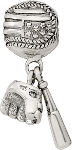 Sterling Silver 925 Baseball Glove & Bat Dangle Bead with Antiqued Finish