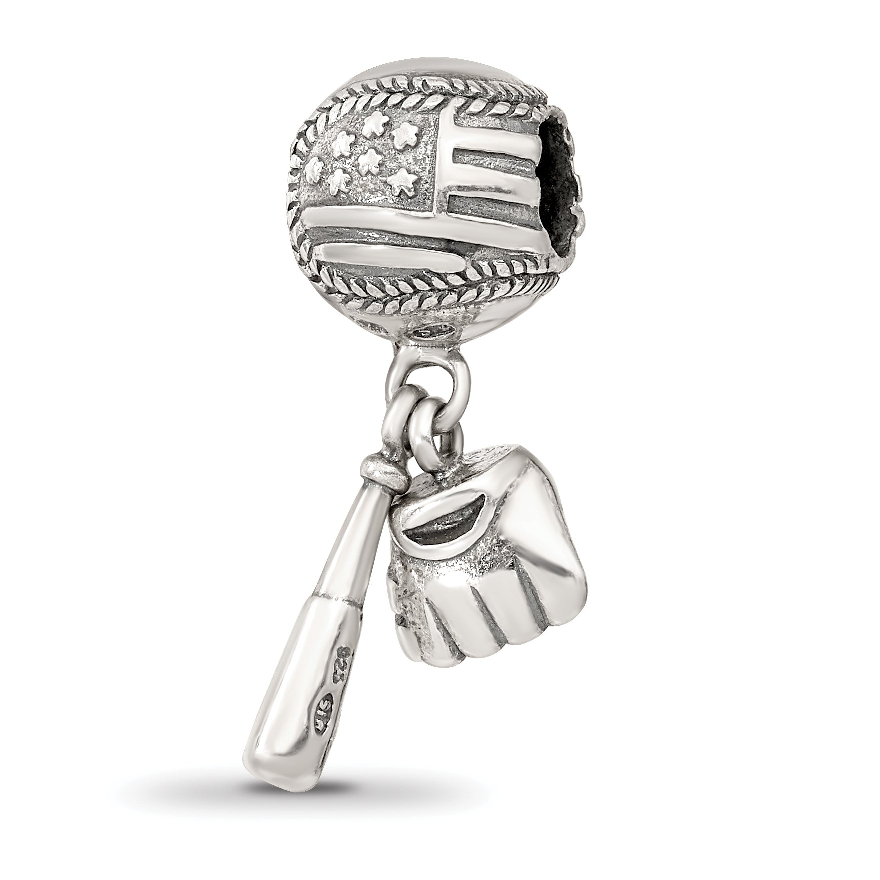 Sterling Silver 925 Baseball Glove & Bat Dangle Bead with Antiqued Finish