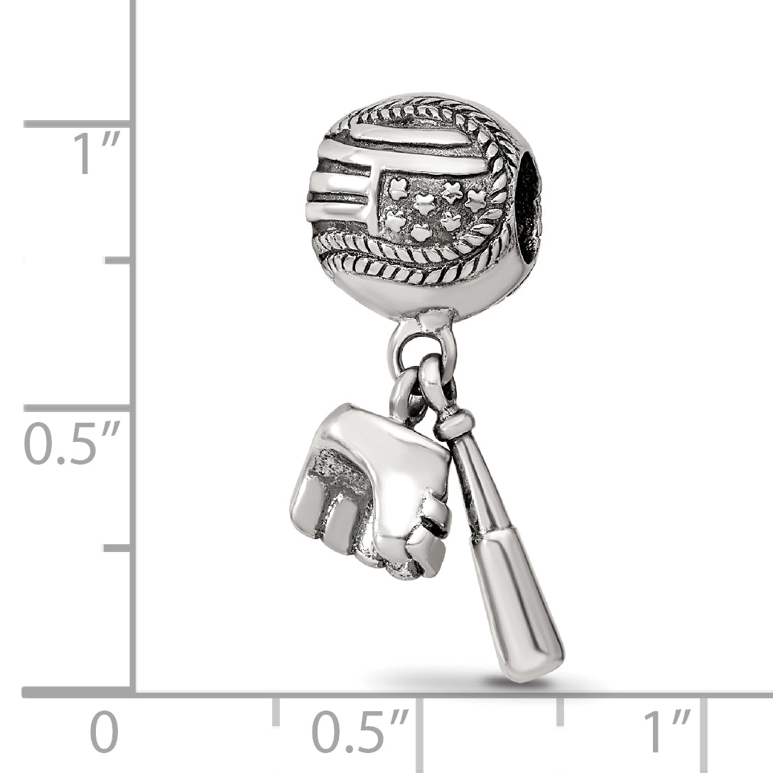 Sterling Silver 925 Baseball Glove & Bat Dangle Bead with Antiqued Finish