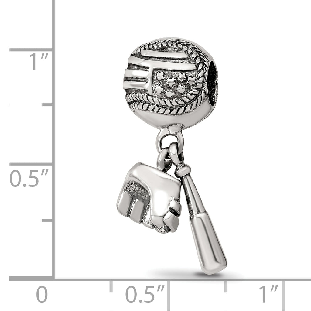 Sterling Silver 925 Baseball Glove & Bat Dangle Bead with Antiqued Finish