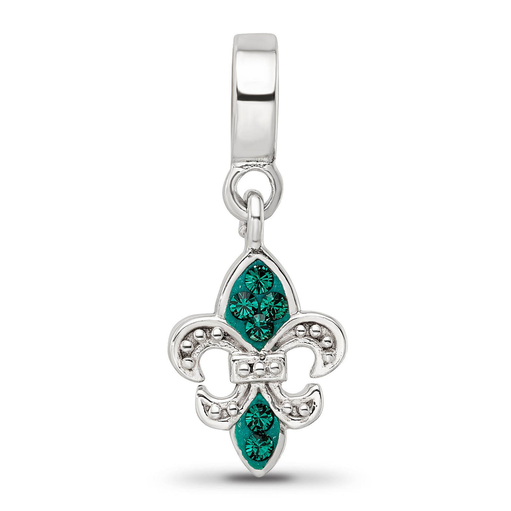 Sterling Silver 925 Green Crystal Fleur De Lis Dangle Bead Antiqued Finish