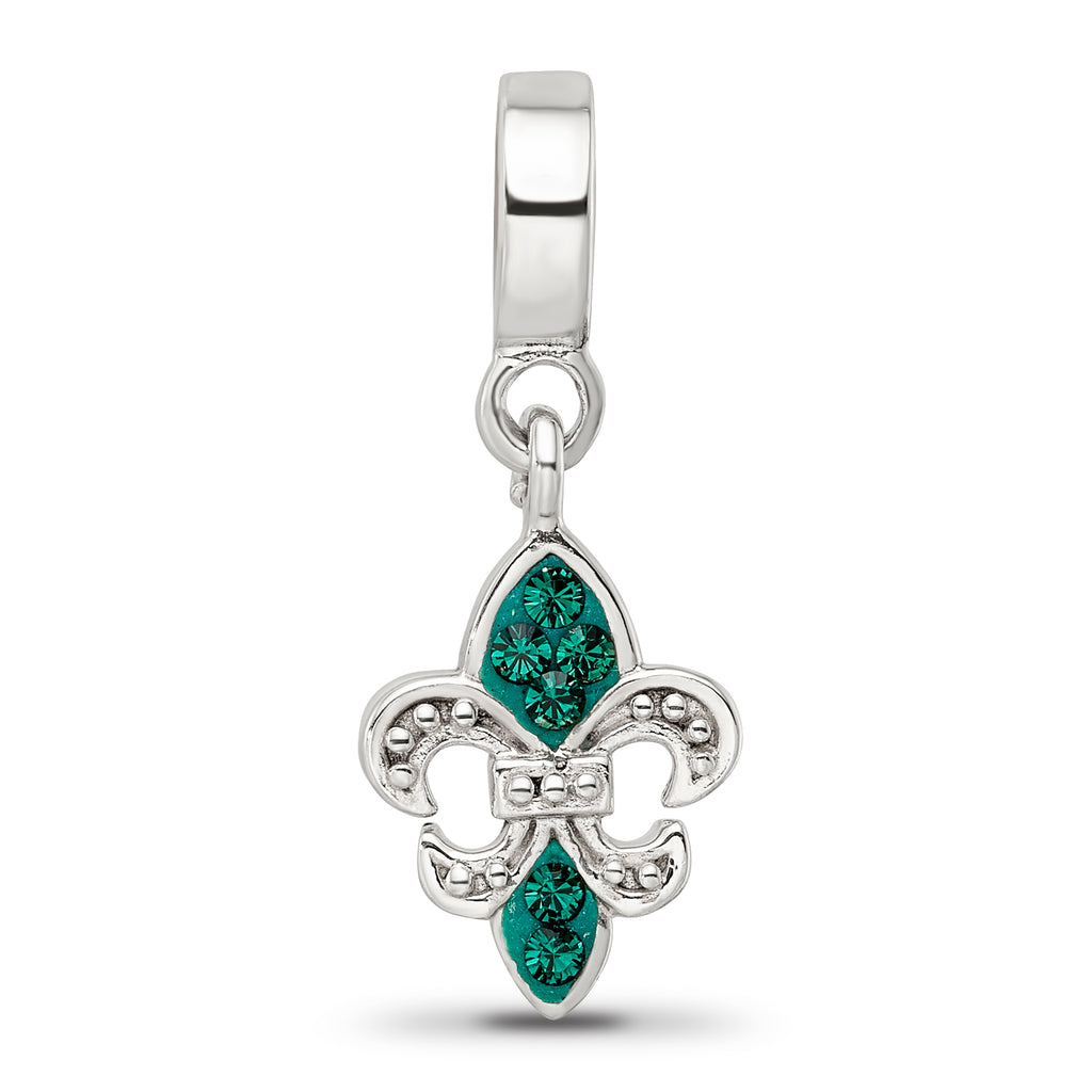 Sterling Silver 925 Green Crystal Fleur De Lis Dangle Bead Antiqued Finish