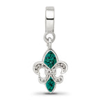 Sterling Silver 925 Green Crystal Fleur De Lis Dangle Bead Antiqued Finish
