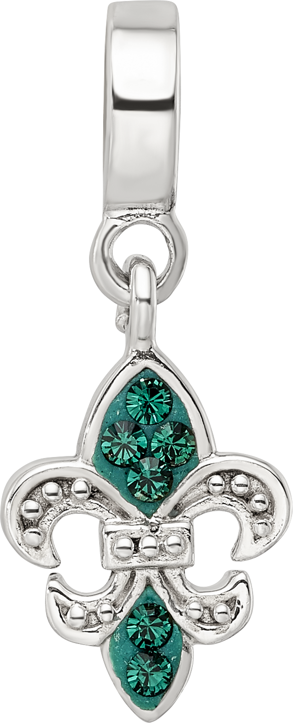 Sterling Silver 925 Green Crystal Fleur De Lis Dangle Bead Antiqued Finish
