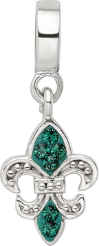 Sterling Silver 925 Green Crystal Fleur De Lis Dangle Bead Antiqued Finish