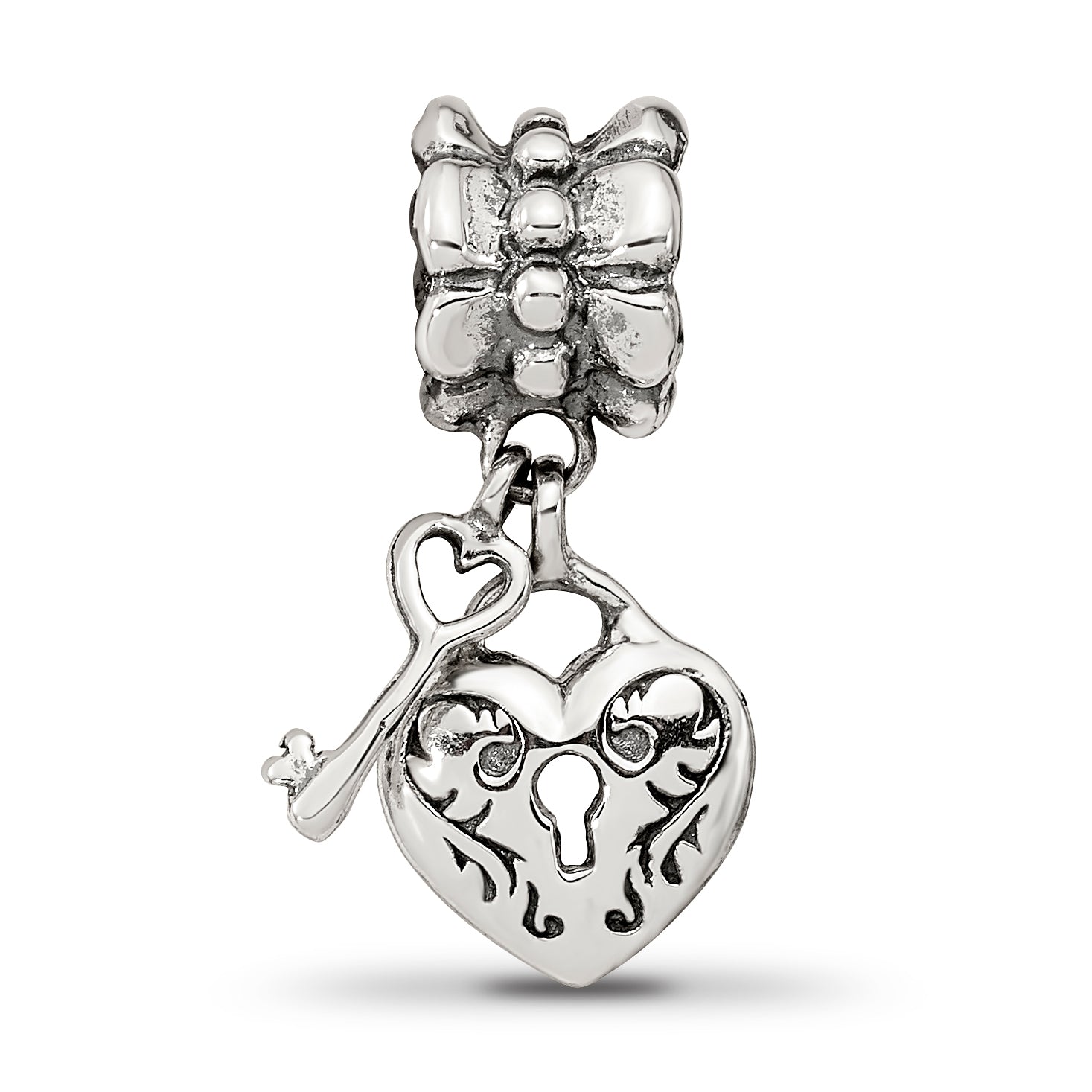 Sterling Silver 925 Heart & Key Dangle Bead with Antiqued Finish