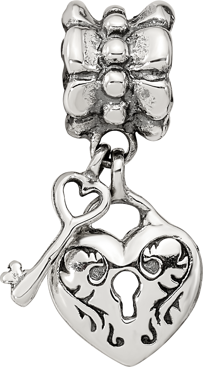 Sterling Silver 925 Heart & Key Dangle Bead with Antiqued Finish