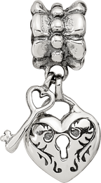 Sterling Silver 925 Heart & Key Dangle Bead with Antiqued Finish