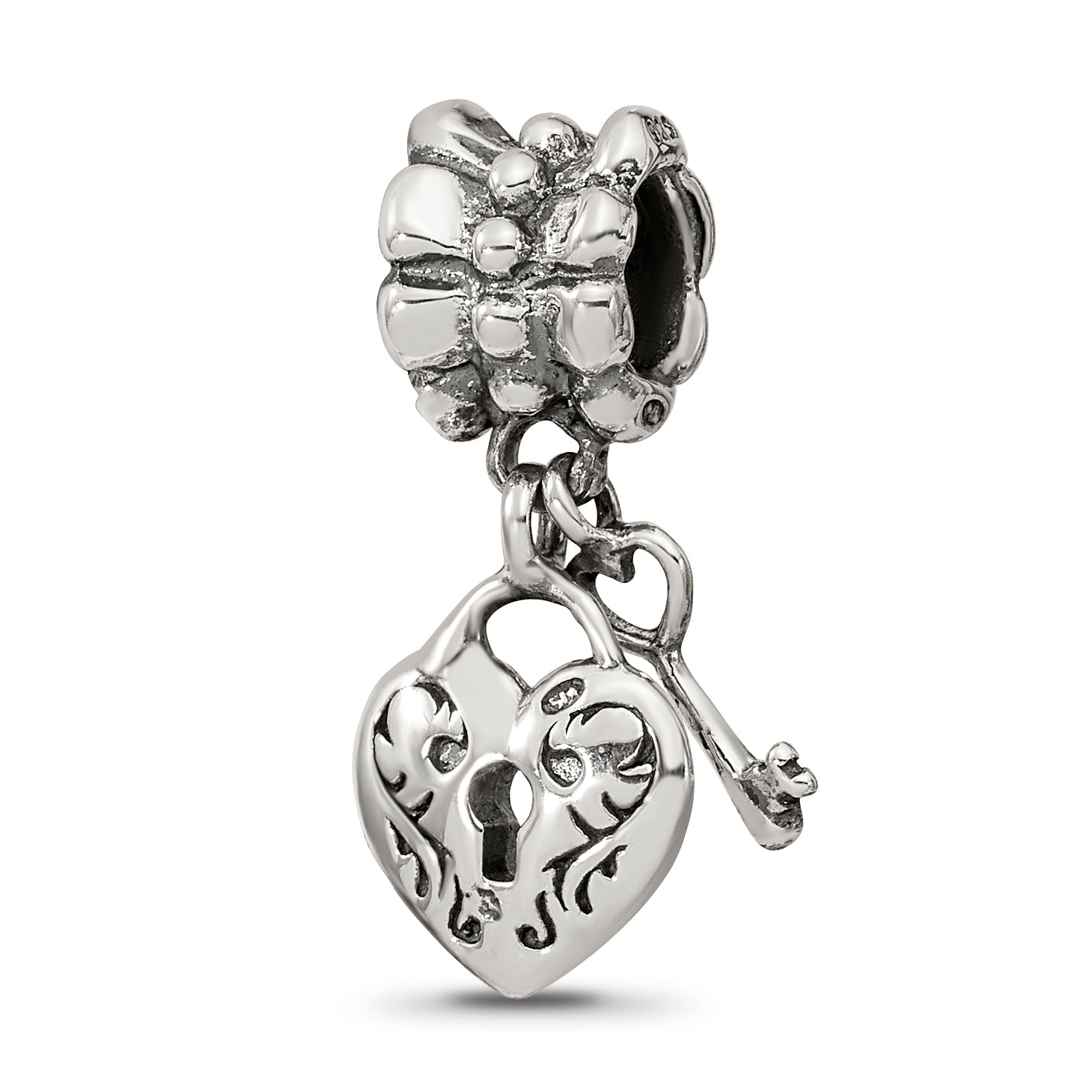 Sterling Silver 925 Heart & Key Dangle Bead with Antiqued Finish